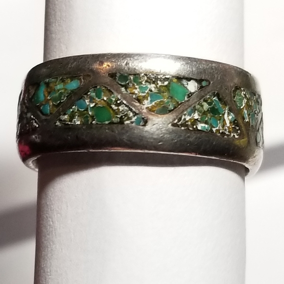 Relisted -vintage inlay ring crushed stone silver tone 8.75  8 3/4 - Picture 9 of 16